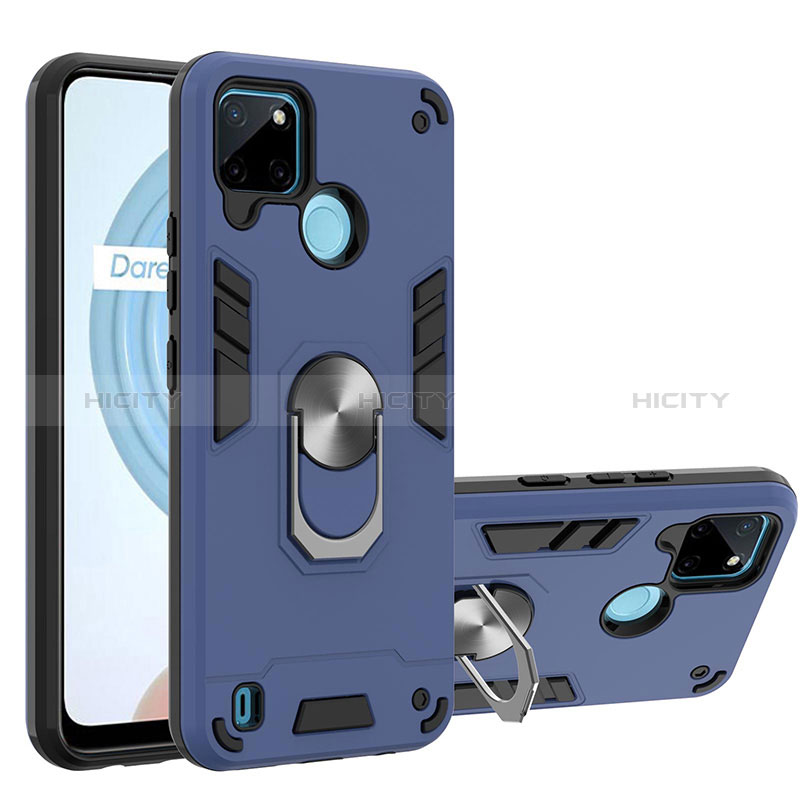 Coque Contour Silicone et Plastique Housse Etui Mat avec Magnetique Support Bague Anneau Y01B pour Realme C21Y Bleu Plus