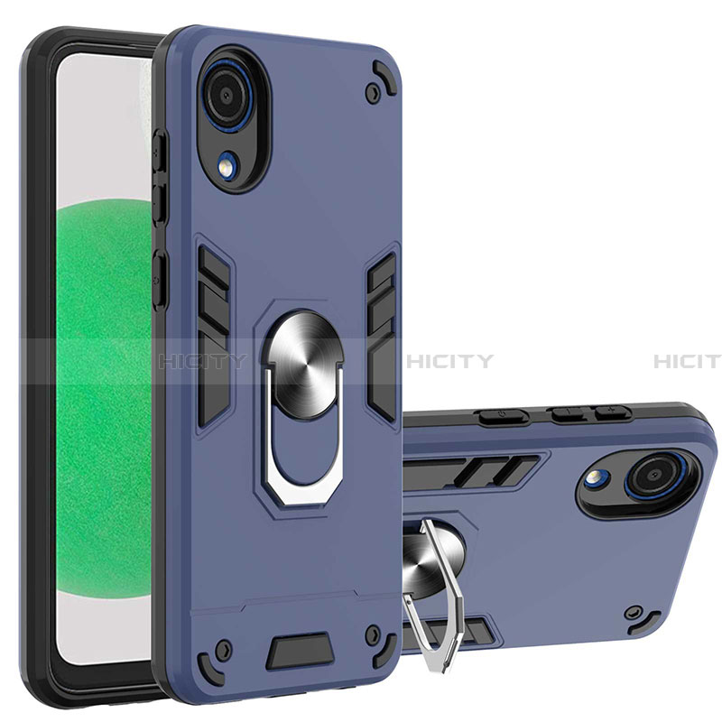 Coque Contour Silicone et Plastique Housse Etui Mat avec Magnetique Support Bague Anneau Y01B pour Samsung Galaxy A03 Core Bleu Plus