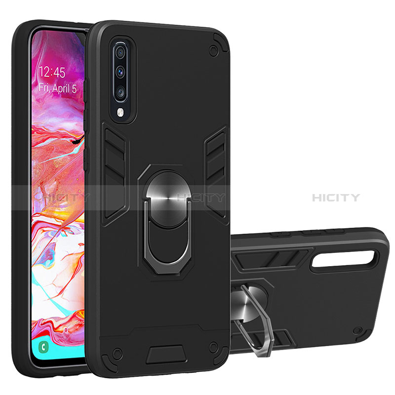 Coque Contour Silicone et Plastique Housse Etui Mat avec Magnetique Support Bague Anneau Y01B pour Samsung Galaxy A70 Noir Plus