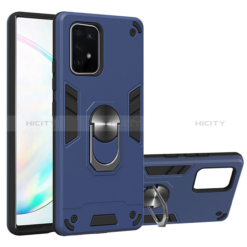 Coque Contour Silicone et Plastique Housse Etui Mat avec Magnetique Support Bague Anneau Y01B pour Samsung Galaxy A91 Bleu Plus