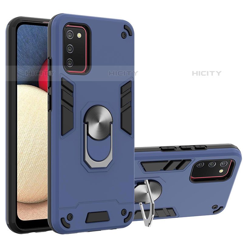 Coque Contour Silicone et Plastique Housse Etui Mat avec Magnetique Support Bague Anneau Y01B pour Samsung Galaxy M02s Bleu Plus