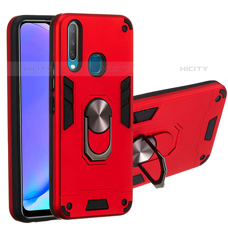 Coque Contour Silicone et Plastique Housse Etui Mat avec Magnetique Support Bague Anneau Y01B pour Vivo Y12 Rouge Plus