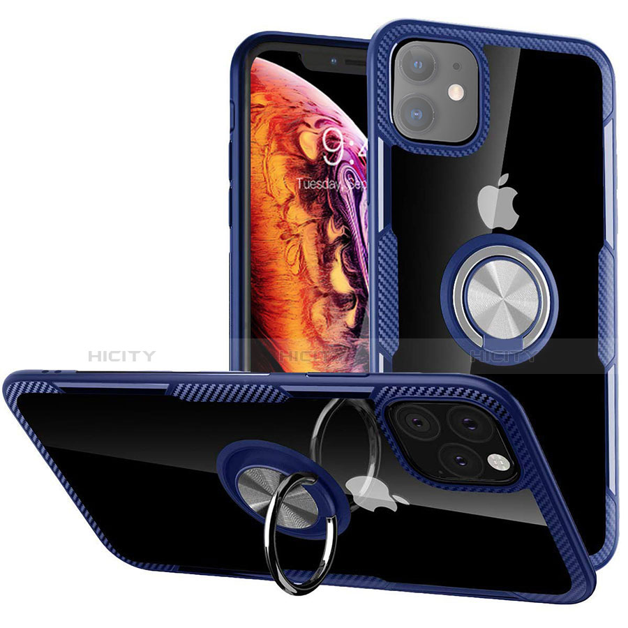 Coque Contour Silicone et Plastique Housse Etui Mat avec Magnetique Support Bague Anneau Y02 pour Apple iPhone 11 Bleu Plus