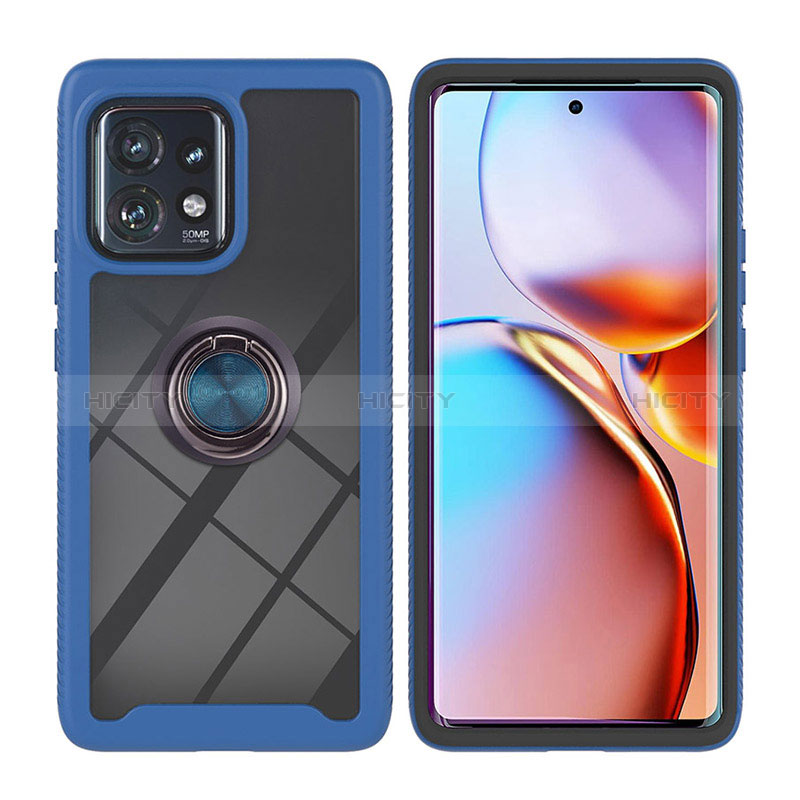 Coque Contour Silicone et Plastique Housse Etui Mat avec Magnetique Support Bague Anneau YB1 pour Motorola Moto Edge 40 Pro 5G Bleu Plus