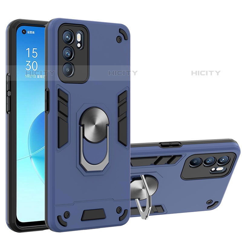 Coque Contour Silicone et Plastique Housse Etui Mat avec Magnetique Support Bague Anneau YB1 pour Oppo Reno6 5G Bleu Plus