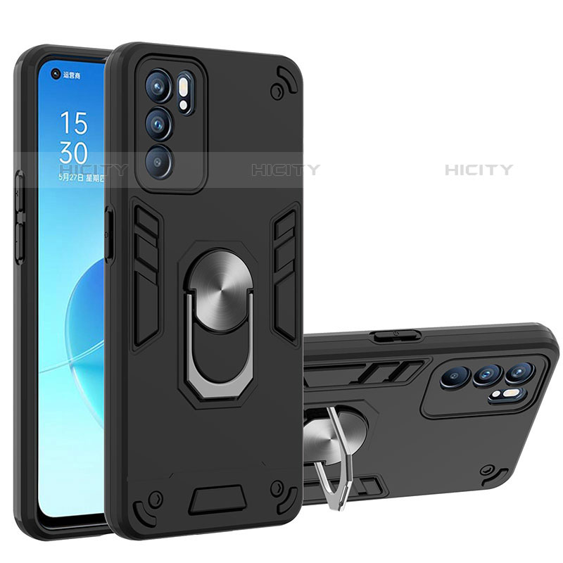 Coque Contour Silicone et Plastique Housse Etui Mat avec Magnetique Support Bague Anneau YB1 pour Oppo Reno6 5G Noir Plus