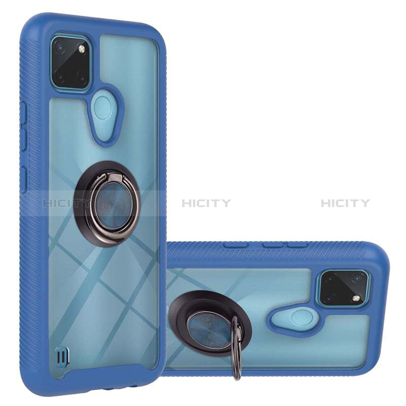 Coque Contour Silicone et Plastique Housse Etui Mat avec Magnetique Support Bague Anneau YB1 pour Realme C25Y India Bleu Plus