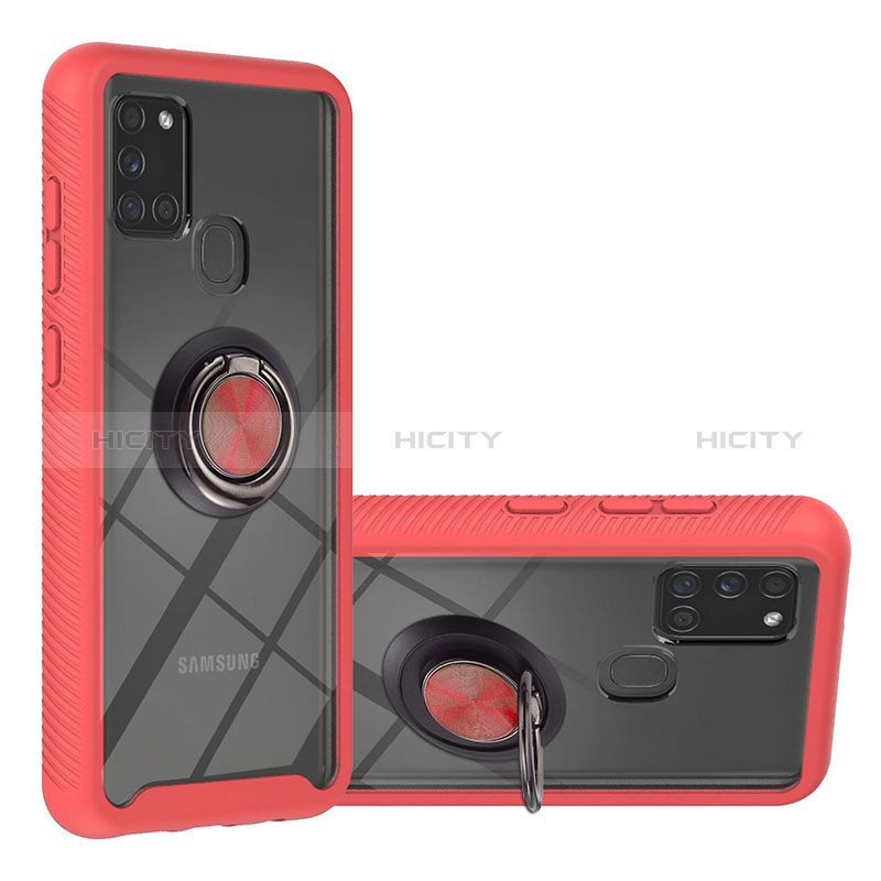 Coque Contour Silicone et Plastique Housse Etui Mat avec Magnetique Support Bague Anneau YB1 pour Samsung Galaxy A21s Rouge Plus