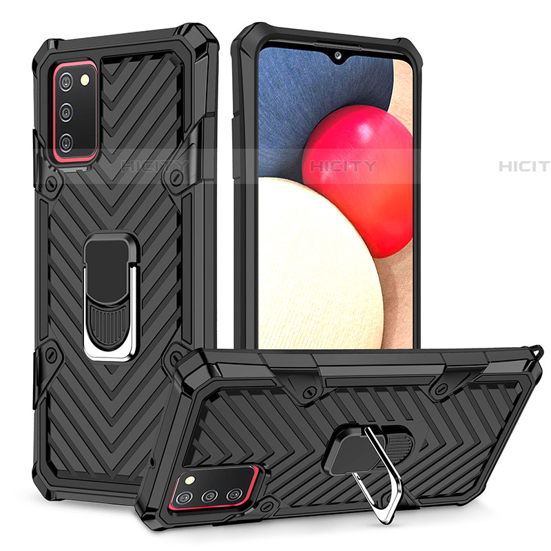 Coque Contour Silicone et Plastique Housse Etui Mat avec Magnetique Support Bague Anneau YF1 pour Samsung Galaxy A03s Noir Plus