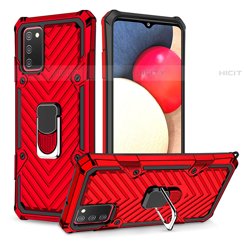 Coque Contour Silicone et Plastique Housse Etui Mat avec Magnetique Support Bague Anneau YF1 pour Samsung Galaxy A03s Rouge Plus