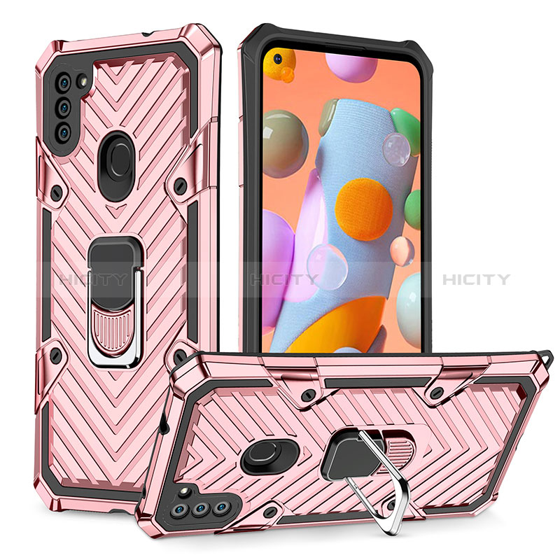 Coque Contour Silicone et Plastique Housse Etui Mat avec Magnetique Support Bague Anneau YF1 pour Samsung Galaxy A11 Or Rose Plus