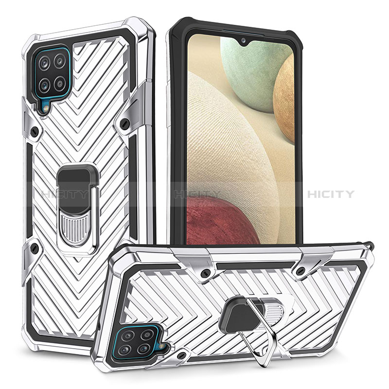 Coque Contour Silicone et Plastique Housse Etui Mat avec Magnetique Support Bague Anneau YF1 pour Samsung Galaxy A12 Argent Plus