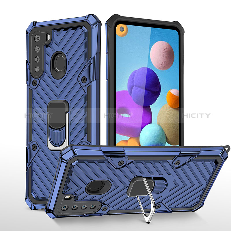 Coque Contour Silicone et Plastique Housse Etui Mat avec Magnetique Support Bague Anneau YF1 pour Samsung Galaxy A21 Bleu Plus