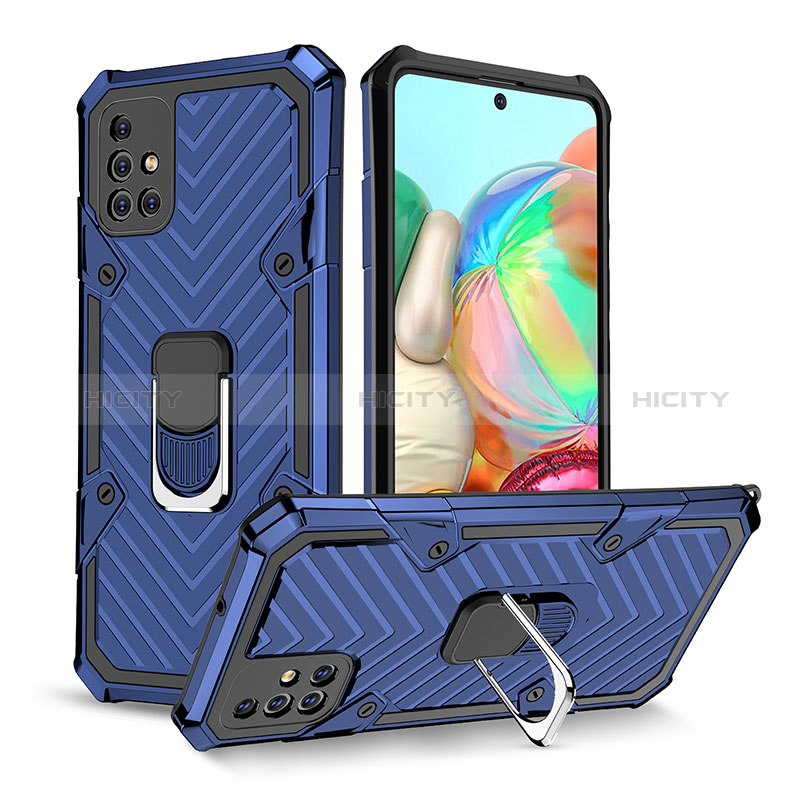 Coque Contour Silicone et Plastique Housse Etui Mat avec Magnetique Support Bague Anneau YF1 pour Samsung Galaxy A71 4G A715 Bleu Plus