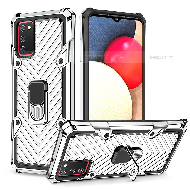 Coque Contour Silicone et Plastique Housse Etui Mat avec Magnetique Support Bague Anneau YF1 pour Samsung Galaxy M02s Argent Plus