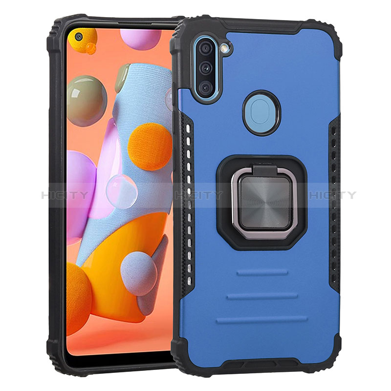 Coque Contour Silicone et Plastique Housse Etui Mat avec Magnetique Support Bague Anneau ZJ2 pour Samsung Galaxy A11 Bleu Plus