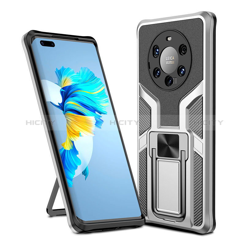 Coque Contour Silicone et Plastique Housse Etui Mat avec Magnetique Support Bague Anneau ZL1 pour Huawei Mate 40 Pro+ Plus Argent Plus