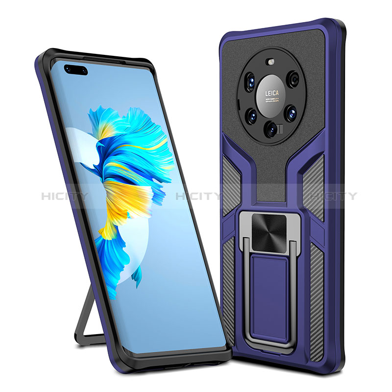 Coque Contour Silicone et Plastique Housse Etui Mat avec Magnetique Support Bague Anneau ZL1 pour Huawei Mate 40 Pro+ Plus Bleu Plus