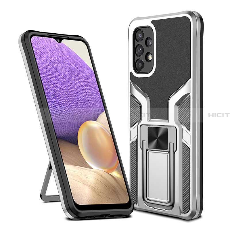 Coque Contour Silicone et Plastique Housse Etui Mat avec Magnetique Support Bague Anneau ZL1 pour Samsung Galaxy A32 4G Argent Plus