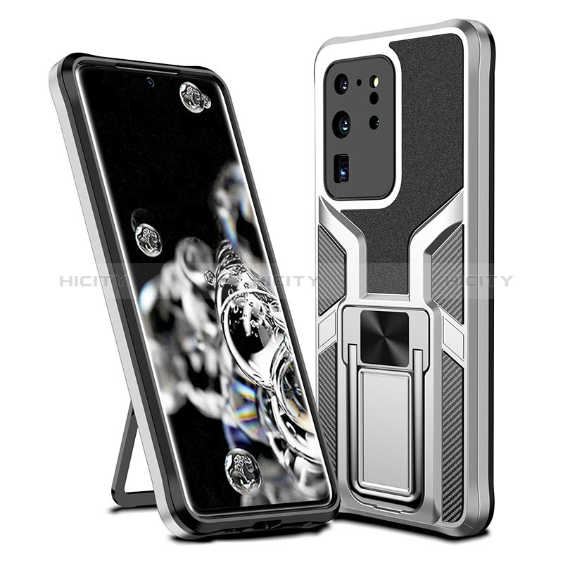 Coque Contour Silicone et Plastique Housse Etui Mat avec Magnetique Support Bague Anneau ZL1 pour Samsung Galaxy S20 Ultra Argent Plus