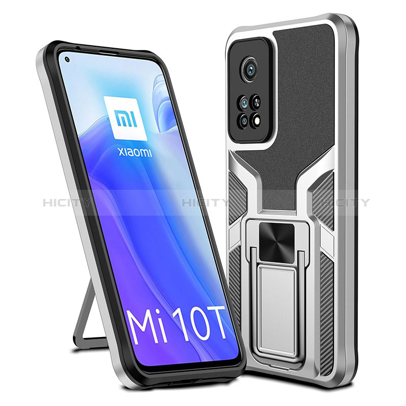 Coque Contour Silicone et Plastique Housse Etui Mat avec Magnetique Support Bague Anneau ZL1 pour Xiaomi Mi 10T 5G Argent Plus