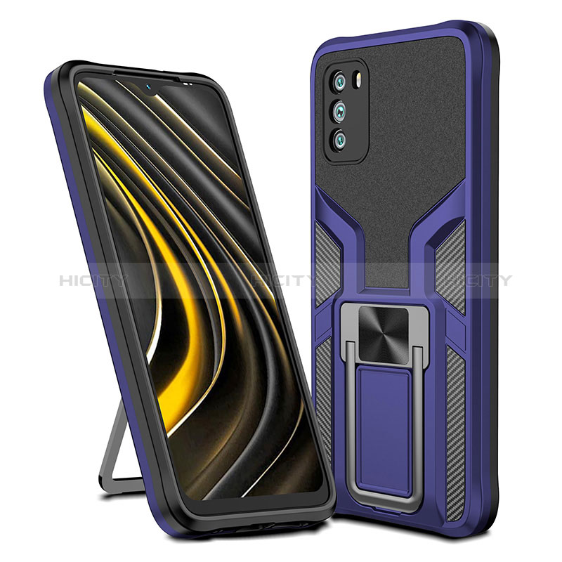 Coque Contour Silicone et Plastique Housse Etui Mat avec Magnetique Support Bague Anneau ZL1 pour Xiaomi Poco M3 Bleu Plus