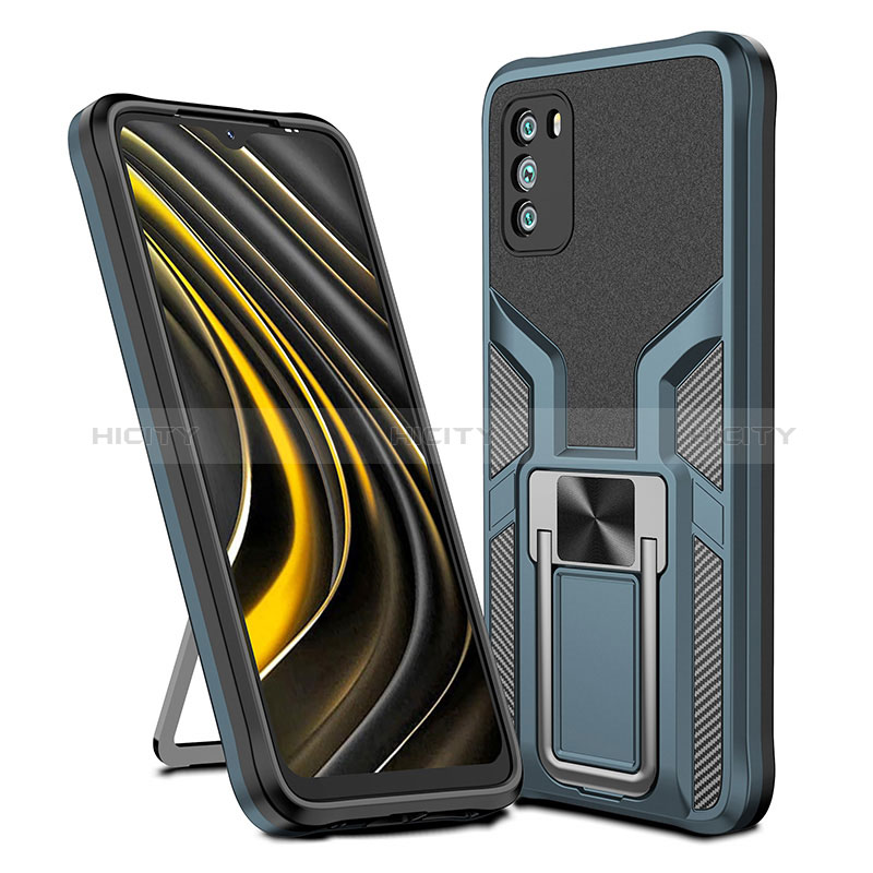 Coque Contour Silicone et Plastique Housse Etui Mat avec Magnetique Support Bague Anneau ZL1 pour Xiaomi Poco M3 Cyan Plus