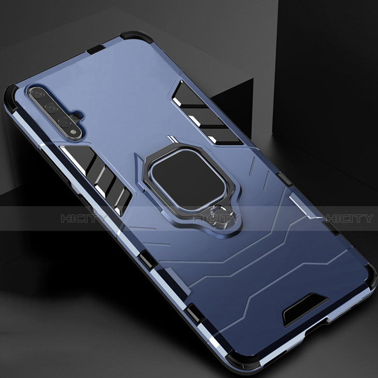 Coque Contour Silicone et Plastique Housse Etui Mat avec Magnetique Support pour Huawei Honor 20 Bleu Plus