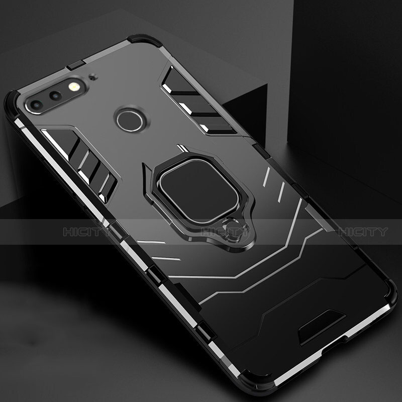 Coque Contour Silicone et Plastique Housse Etui Mat avec Magnetique Support pour Huawei Y6 Prime (2018) Noir Plus