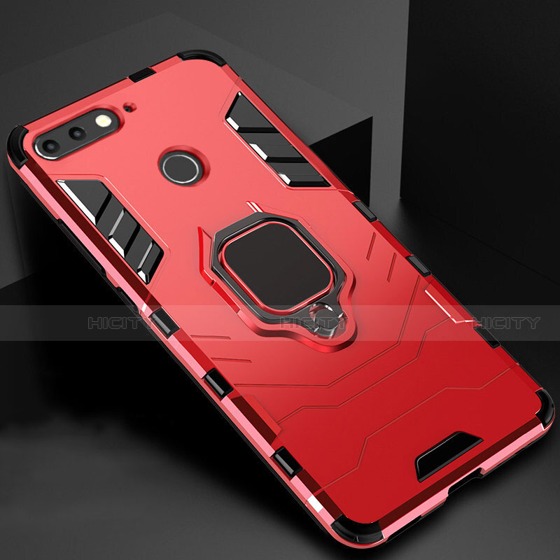 Coque Contour Silicone et Plastique Housse Etui Mat avec Magnetique Support pour Huawei Y6 Prime (2018) Rouge Plus