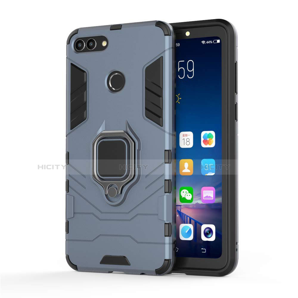 Coque Contour Silicone et Plastique Housse Etui Mat avec Magnetique Support pour Huawei Y9 (2018) Bleu Plus