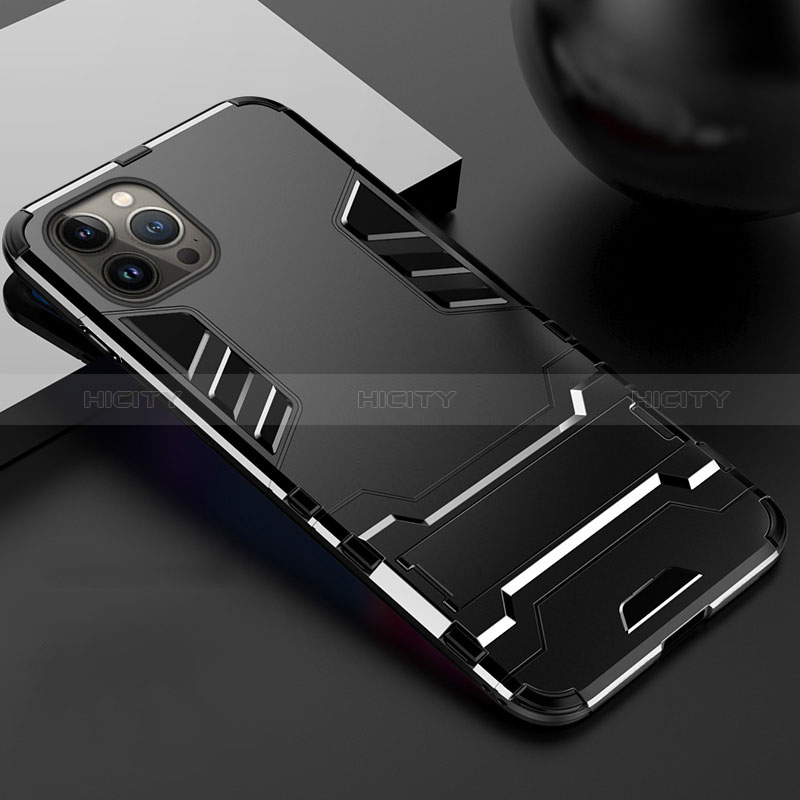 Coque Contour Silicone et Plastique Housse Etui Mat avec Support A01 pour Apple iPhone 14 Pro Max Noir Plus