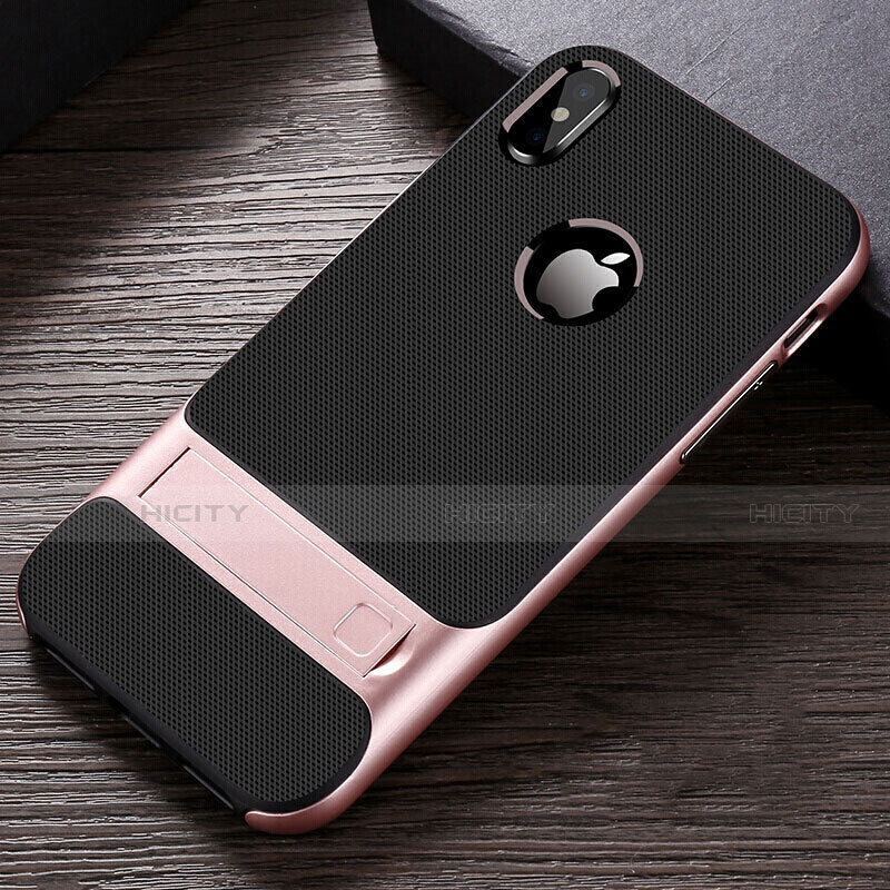 Coque Contour Silicone et Plastique Housse Etui Mat avec Support A01 pour Apple iPhone X Or Rose Plus