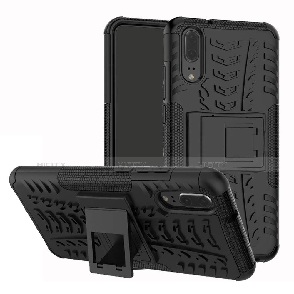 Coque Contour Silicone et Plastique Housse Etui Mat avec Support A01 pour Huawei P20 Noir Plus