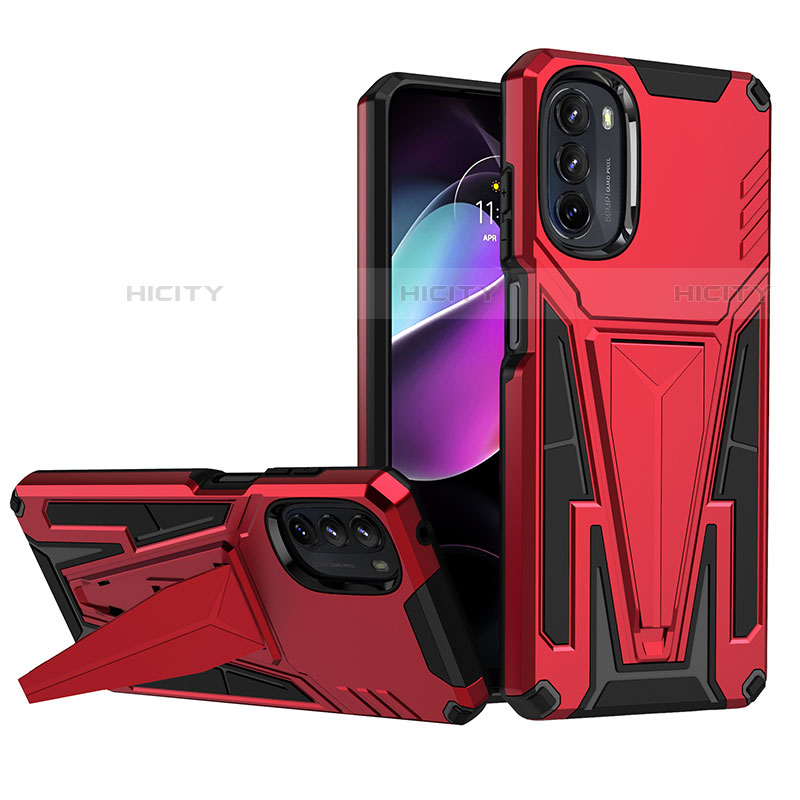 Coque Contour Silicone et Plastique Housse Etui Mat avec Support A01 pour Motorola Moto G 5G (2022) Rouge Plus