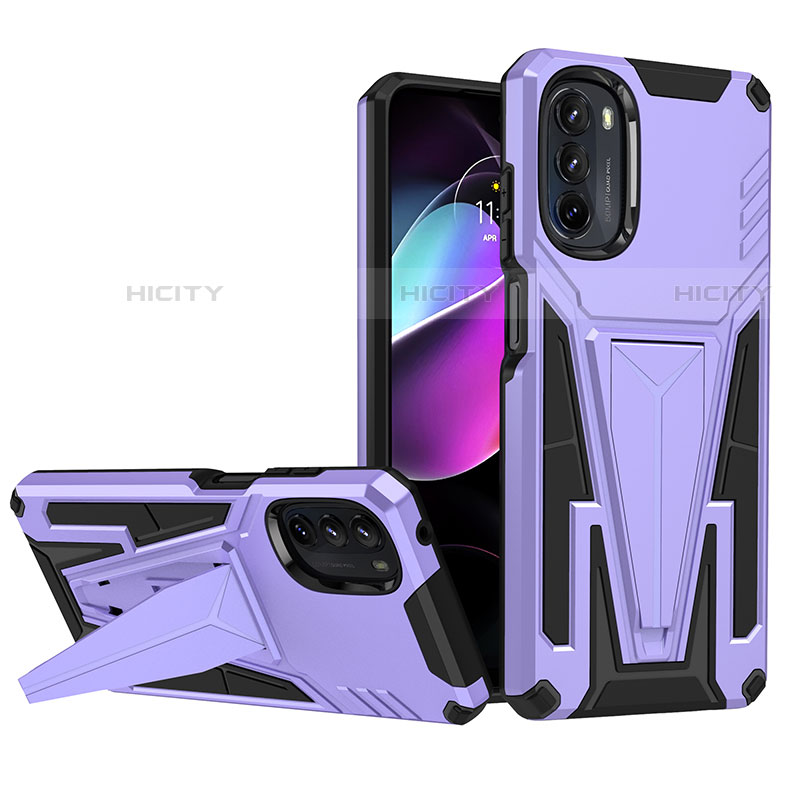 Coque Contour Silicone et Plastique Housse Etui Mat avec Support A01 pour Motorola Moto G 5G (2022) Violet Plus