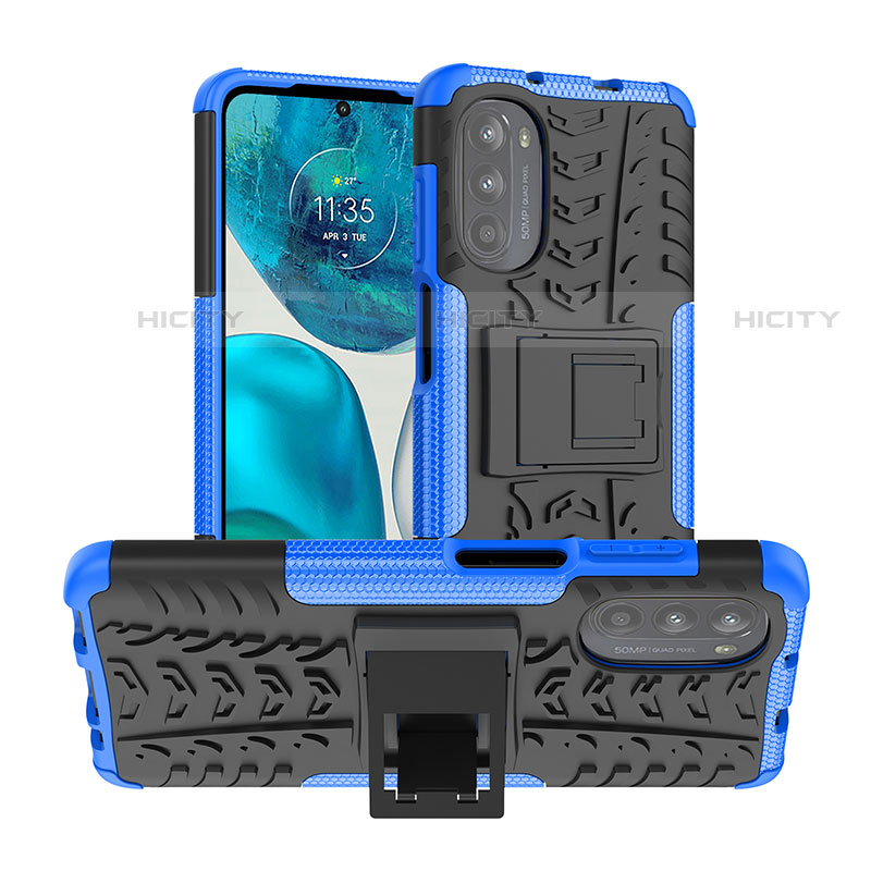 Coque Contour Silicone et Plastique Housse Etui Mat avec Support A01 pour Motorola MOTO G52 Bleu Plus