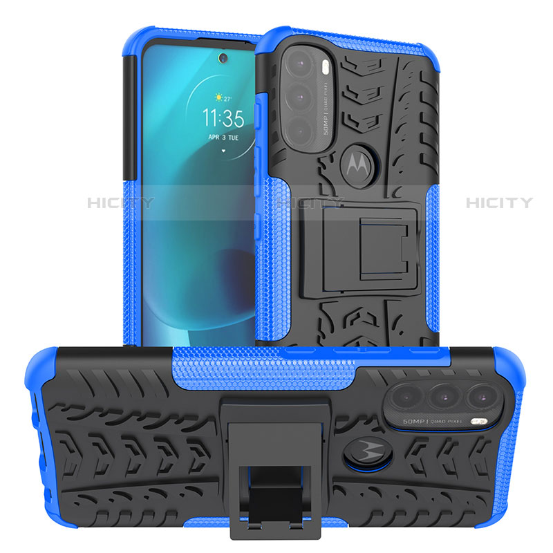 Coque Contour Silicone et Plastique Housse Etui Mat avec Support A01 pour Motorola Moto G71 5G Bleu Plus