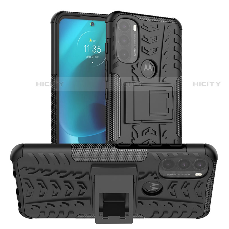 Coque Contour Silicone et Plastique Housse Etui Mat avec Support A01 pour Motorola Moto G71 5G Noir Plus