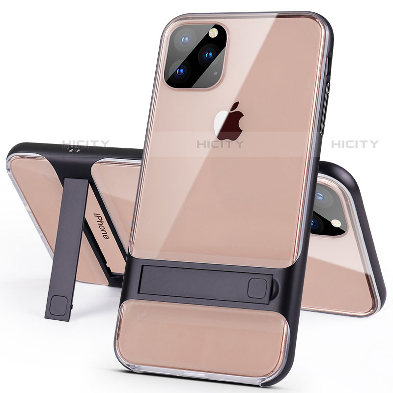 Coque Contour Silicone et Plastique Housse Etui Mat avec Support A02 pour Apple iPhone 11 Pro Max Noir Plus