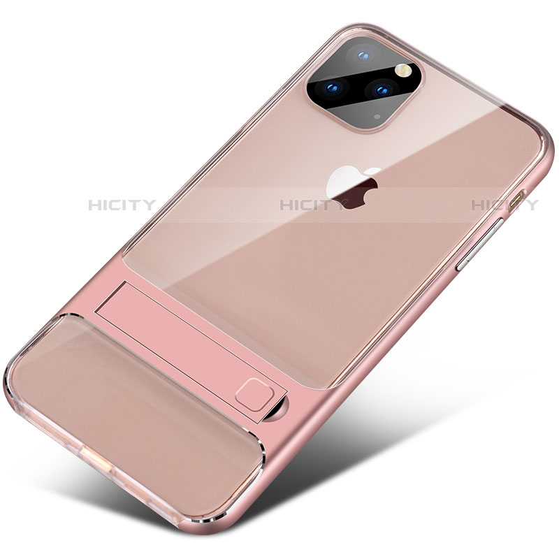 Coque Contour Silicone et Plastique Housse Etui Mat avec Support A02 pour Apple iPhone 11 Pro Or Rose Plus