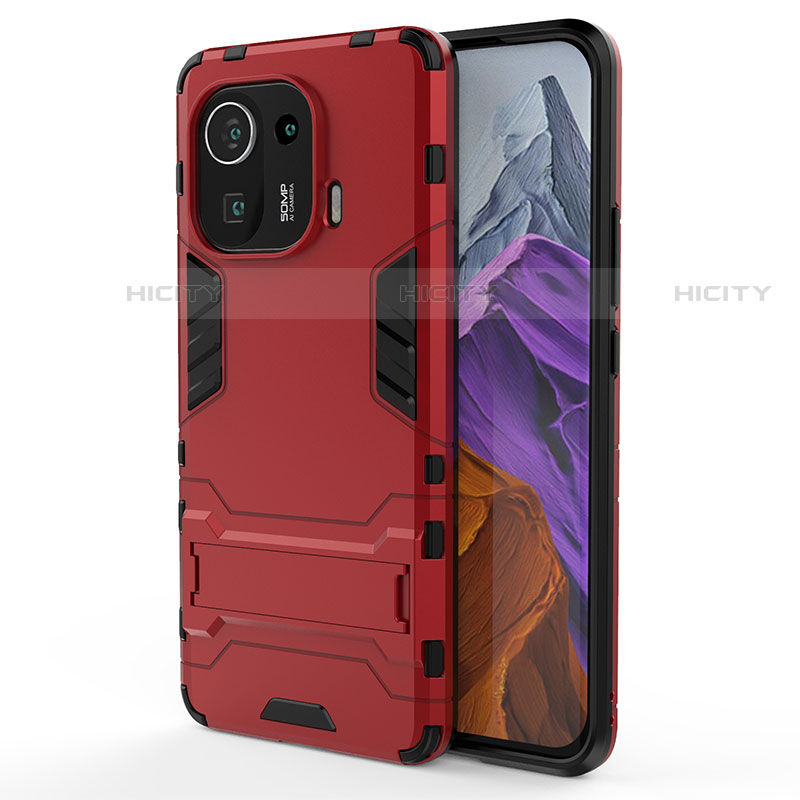 Coque Contour Silicone et Plastique Housse Etui Mat avec Support A02 pour Xiaomi Mi 11 Pro 5G Rouge Plus