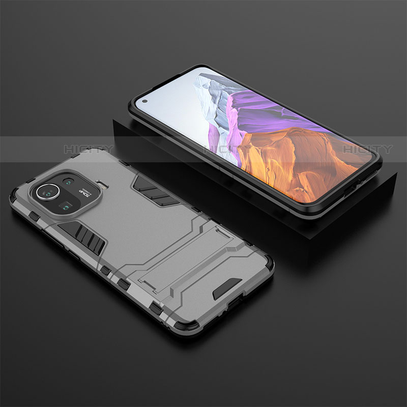 Coque Contour Silicone et Plastique Housse Etui Mat avec Support A03 pour Xiaomi Mi 11 Pro 5G Gris Plus