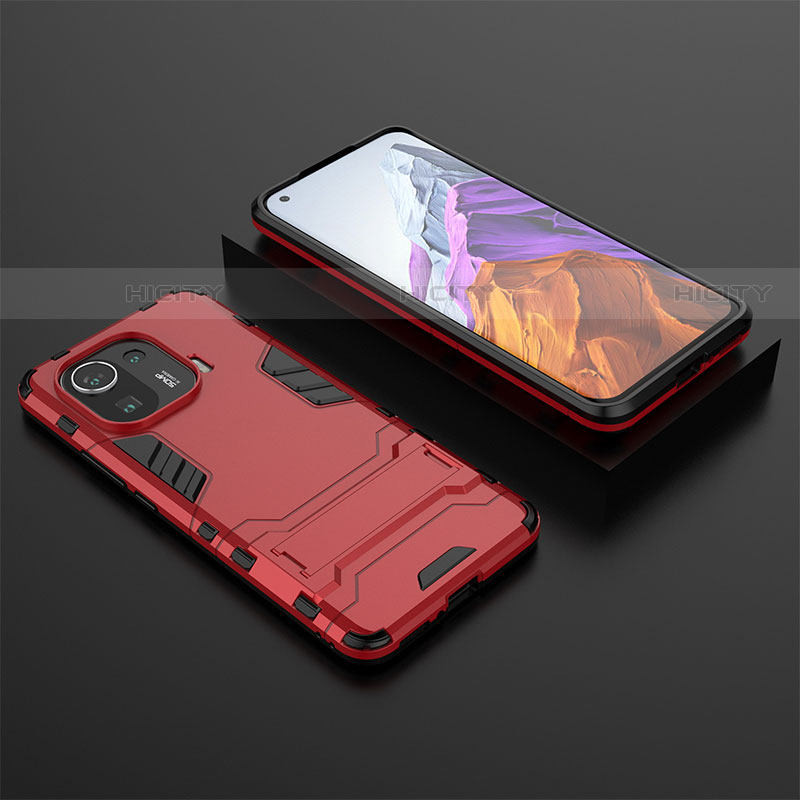 Coque Contour Silicone et Plastique Housse Etui Mat avec Support A03 pour Xiaomi Mi 11 Pro 5G Rouge Plus