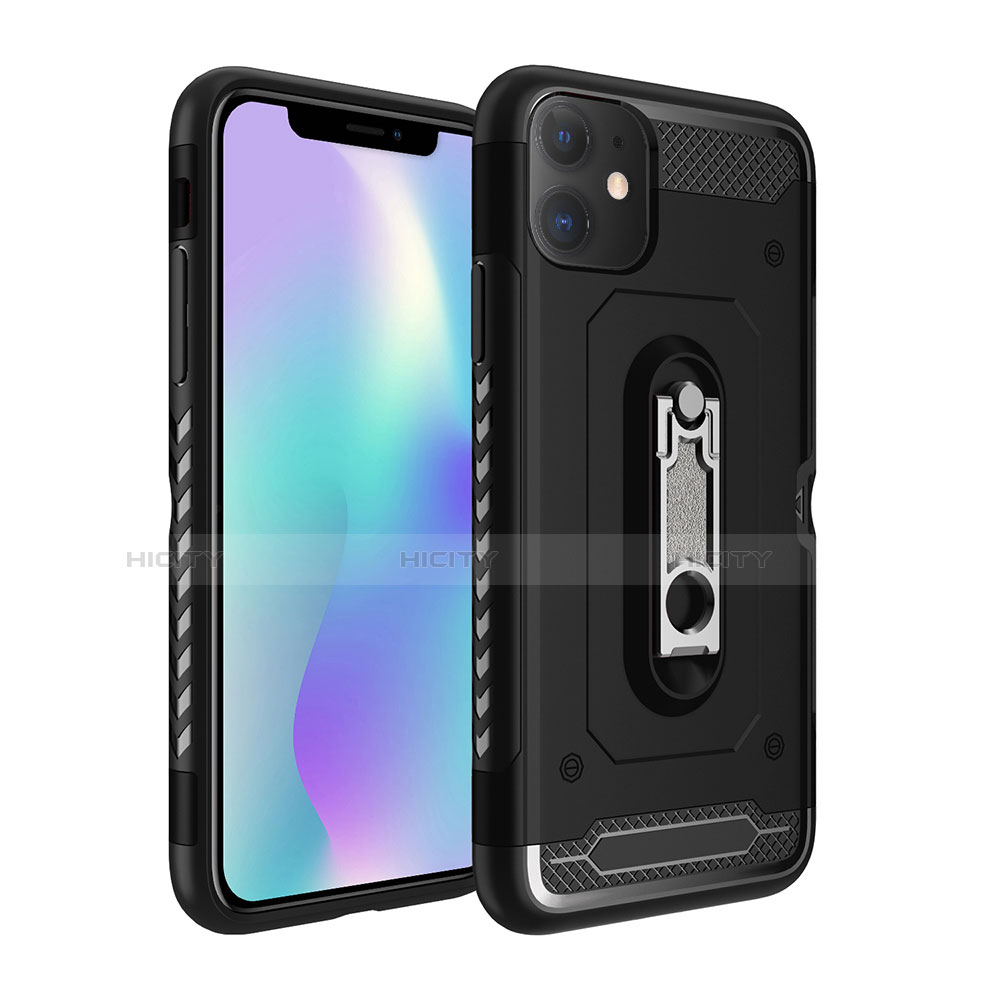 Coque Contour Silicone et Plastique Housse Etui Mat avec Support A04 pour Apple iPhone 11 Noir Plus