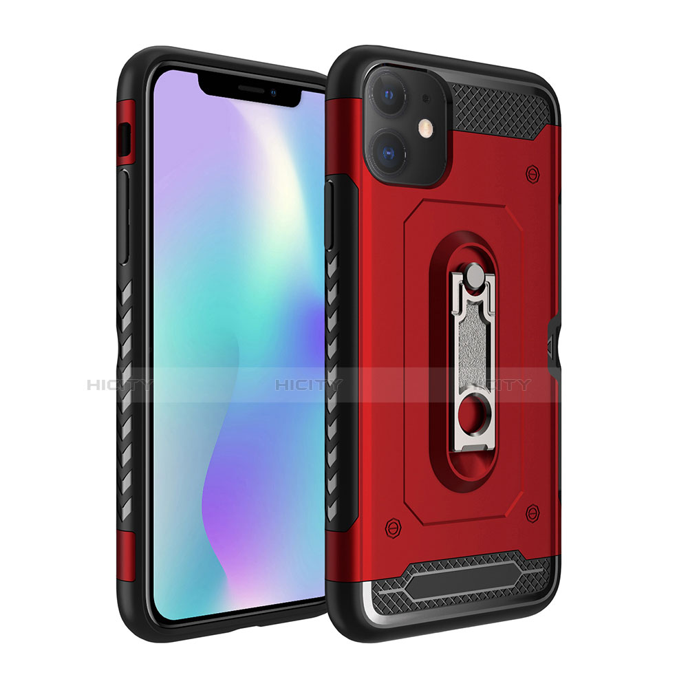 Coque Contour Silicone et Plastique Housse Etui Mat avec Support A04 pour Apple iPhone 11 Rouge Plus