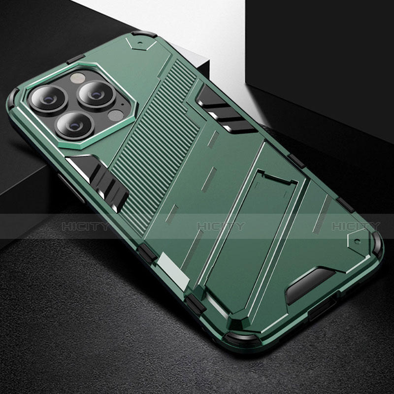 Coque Contour Silicone et Plastique Housse Etui Mat avec Support A05 pour Apple iPhone 13 Pro Vert Plus