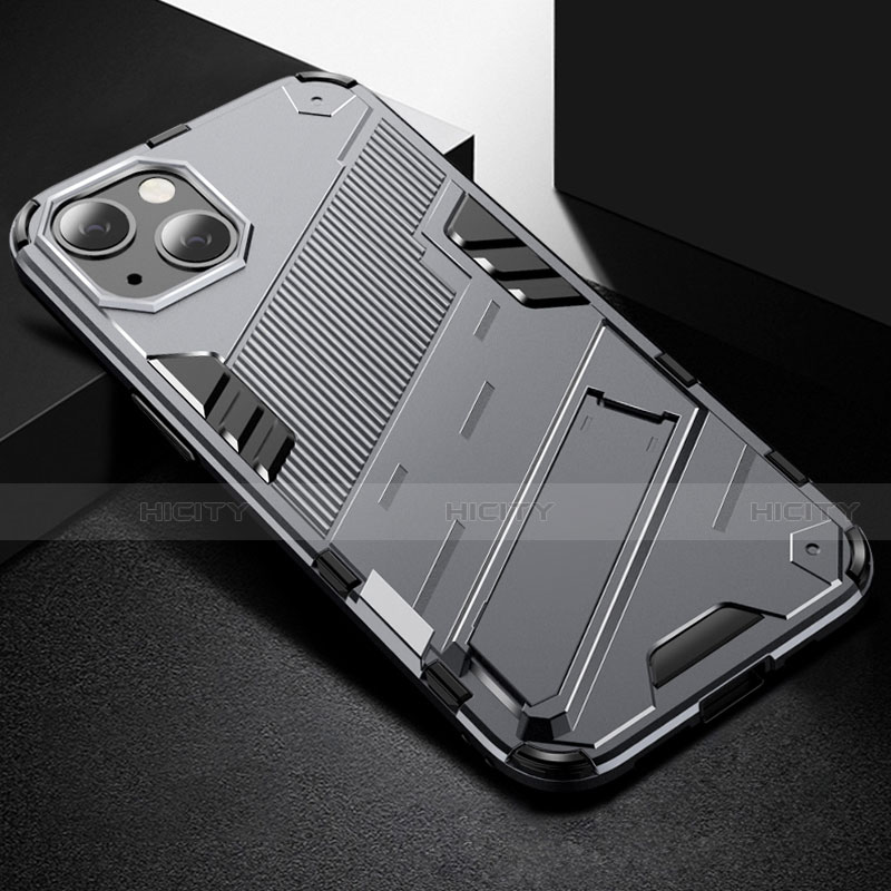 Coque Contour Silicone et Plastique Housse Etui Mat avec Support A05 pour Apple iPhone 14 Gris Plus