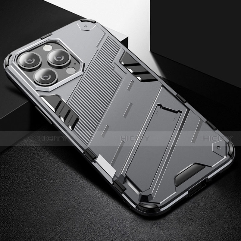 Coque Contour Silicone et Plastique Housse Etui Mat avec Support A05 pour Apple iPhone 14 Pro Gris Plus