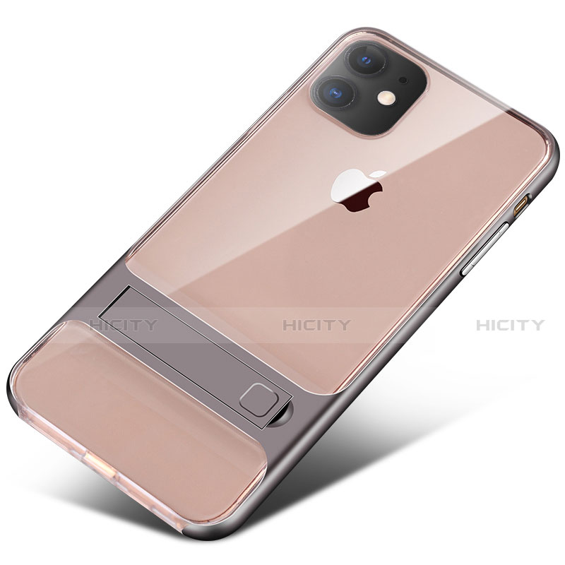 Coque Contour Silicone et Plastique Housse Etui Mat avec Support A06 pour Apple iPhone 11 Gris Plus